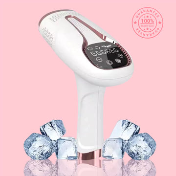 RxGlacier Ice Cool IPL hair removal device surrounded by ice cubes on a pink background.