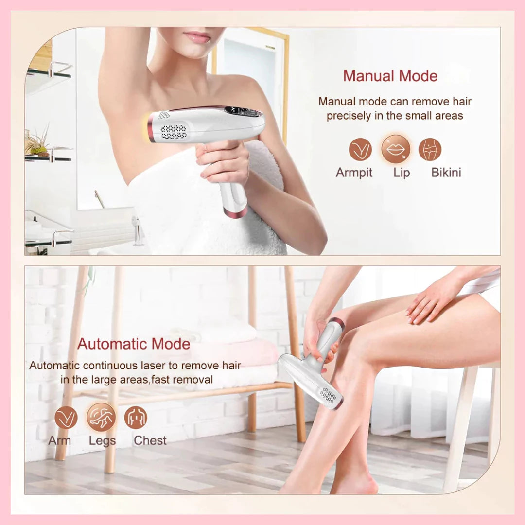 Image showing manual and automatic modes of RxGlacier Ice Cool IPL hair removal device for precise and fast hair removal.