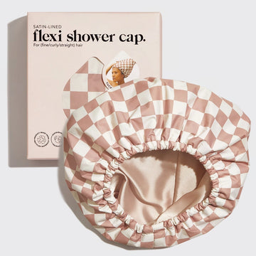 Terracotta Checker Satin Shower Cap – Waterproof & Reusable