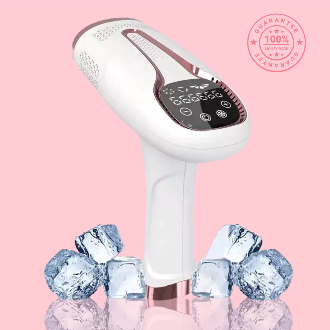 RxGlacier Ice Cool IPL hair removal device surrounded by ice cubes on a pink background.